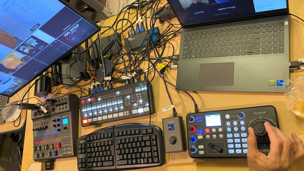 Audio-Video equipment that is used during woodturning meetings: laptop, camera controller, video and audio switch