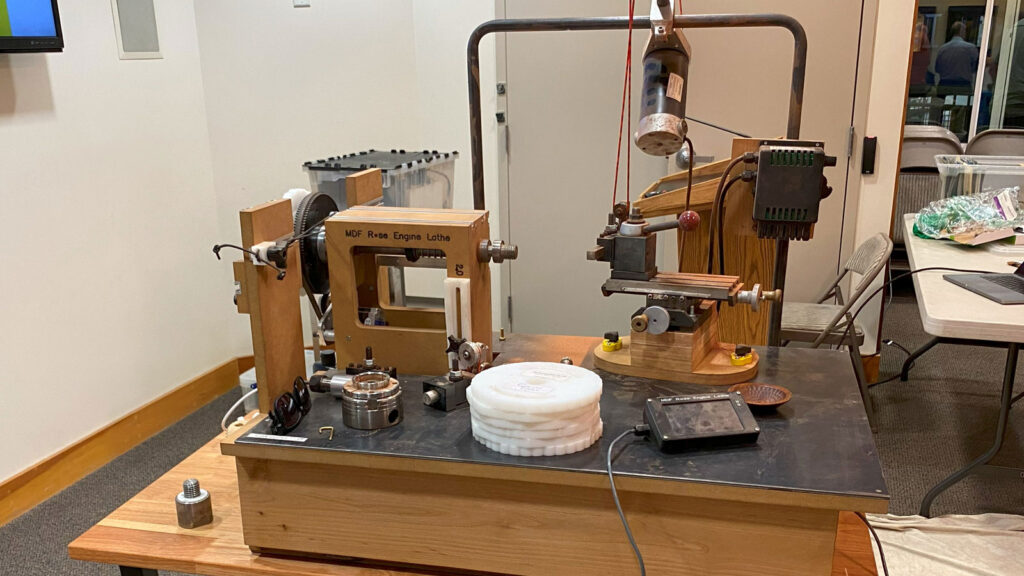 MDF Rose Engine Lathe used for woodturning demonstration by Brad Bond