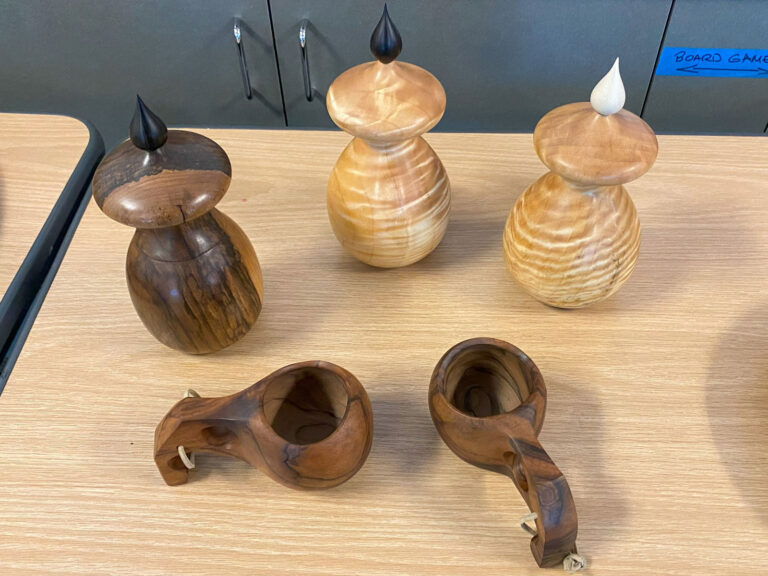 Woodturned pepper-gridner, salt-shaker, kuksa by Mike Mahoney