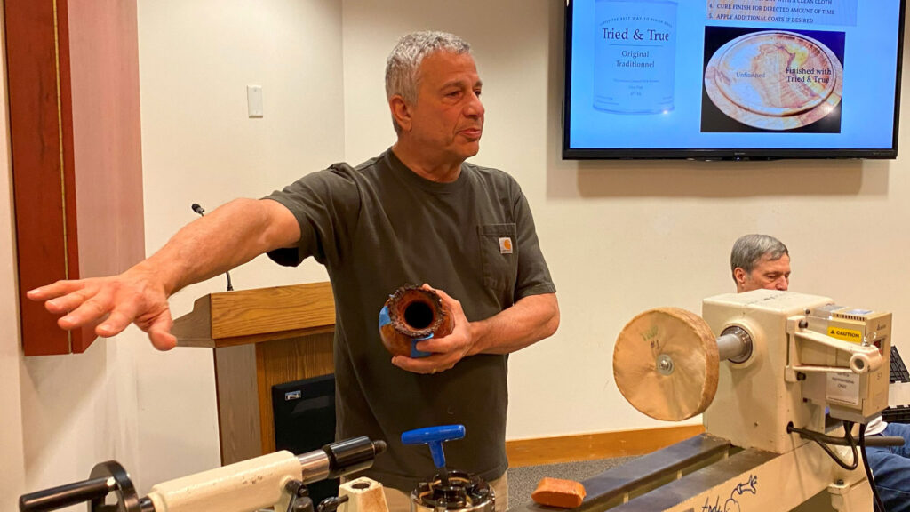 Robert Bley demonstrates how to use a Beall Buffing System on a lathe during our WBW meeting in March 2024